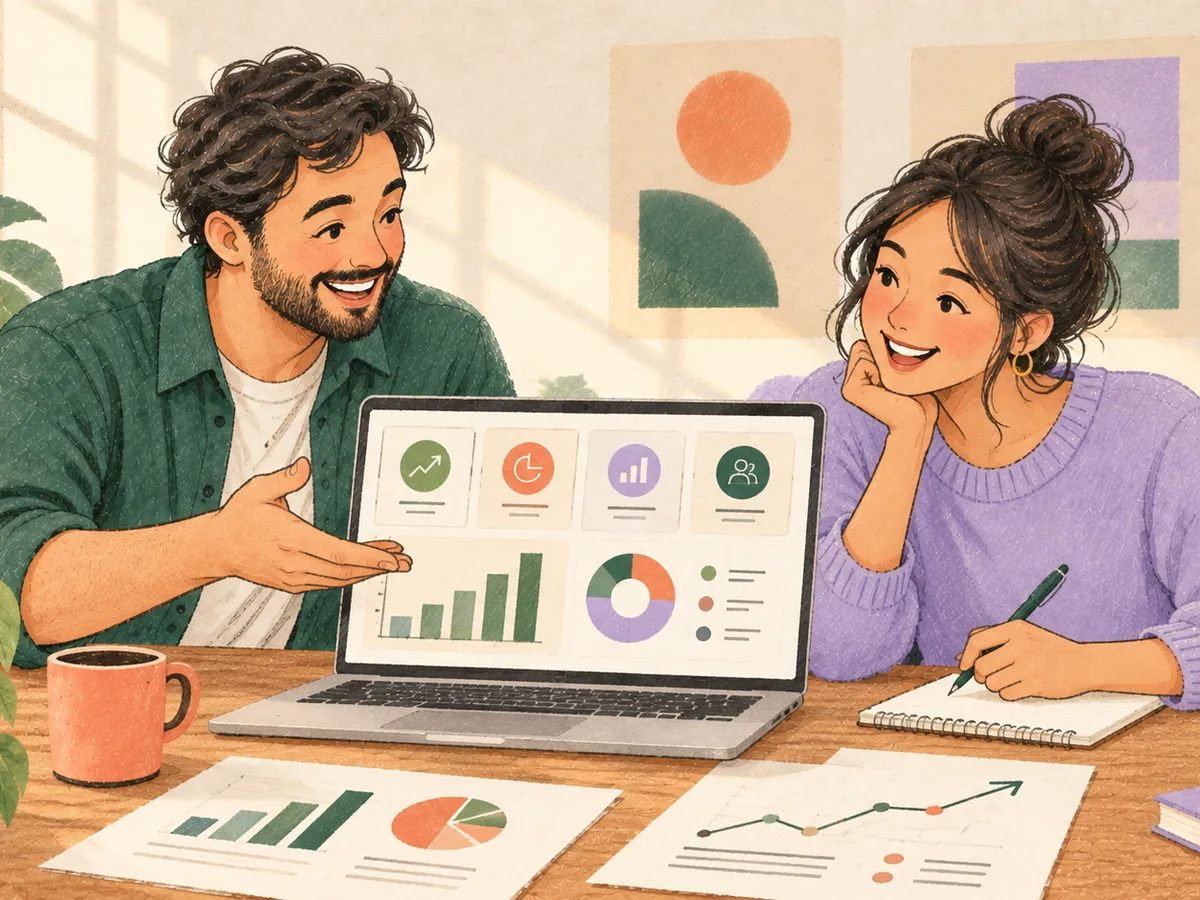 Un consultant et une cliente analysent un dashboard de résultats