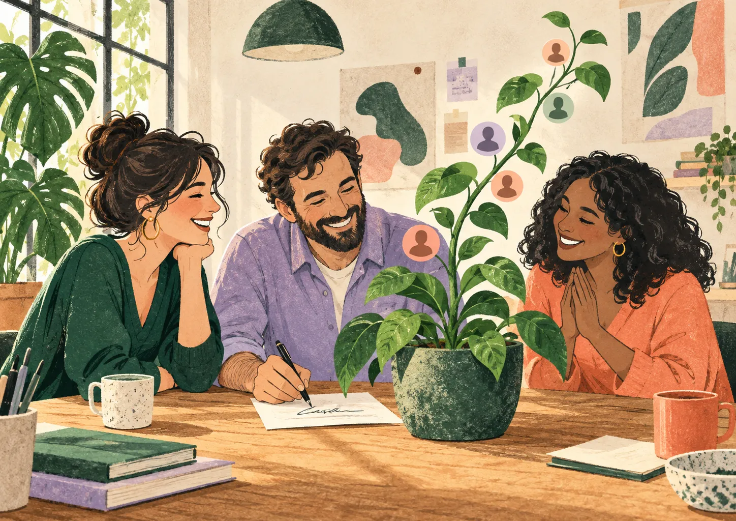 Une équipe partage une vente signée autour d’une plante qui grandit