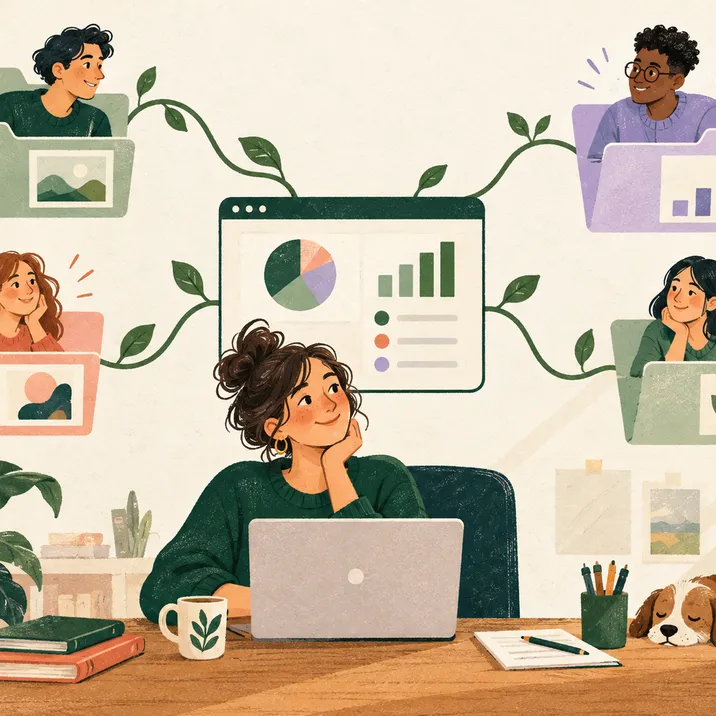 Une consultante organise plusieurs espaces clients autour d’un tableau central